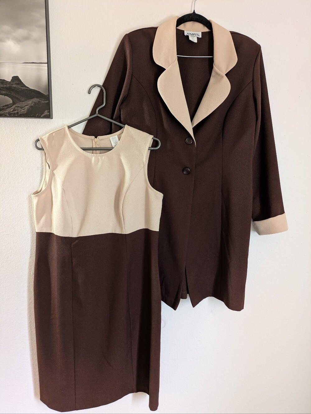 ​HABITS Vintage 2-Piece Dress & Blazer Suit Set Size 12 Colorblock Brown Taupe